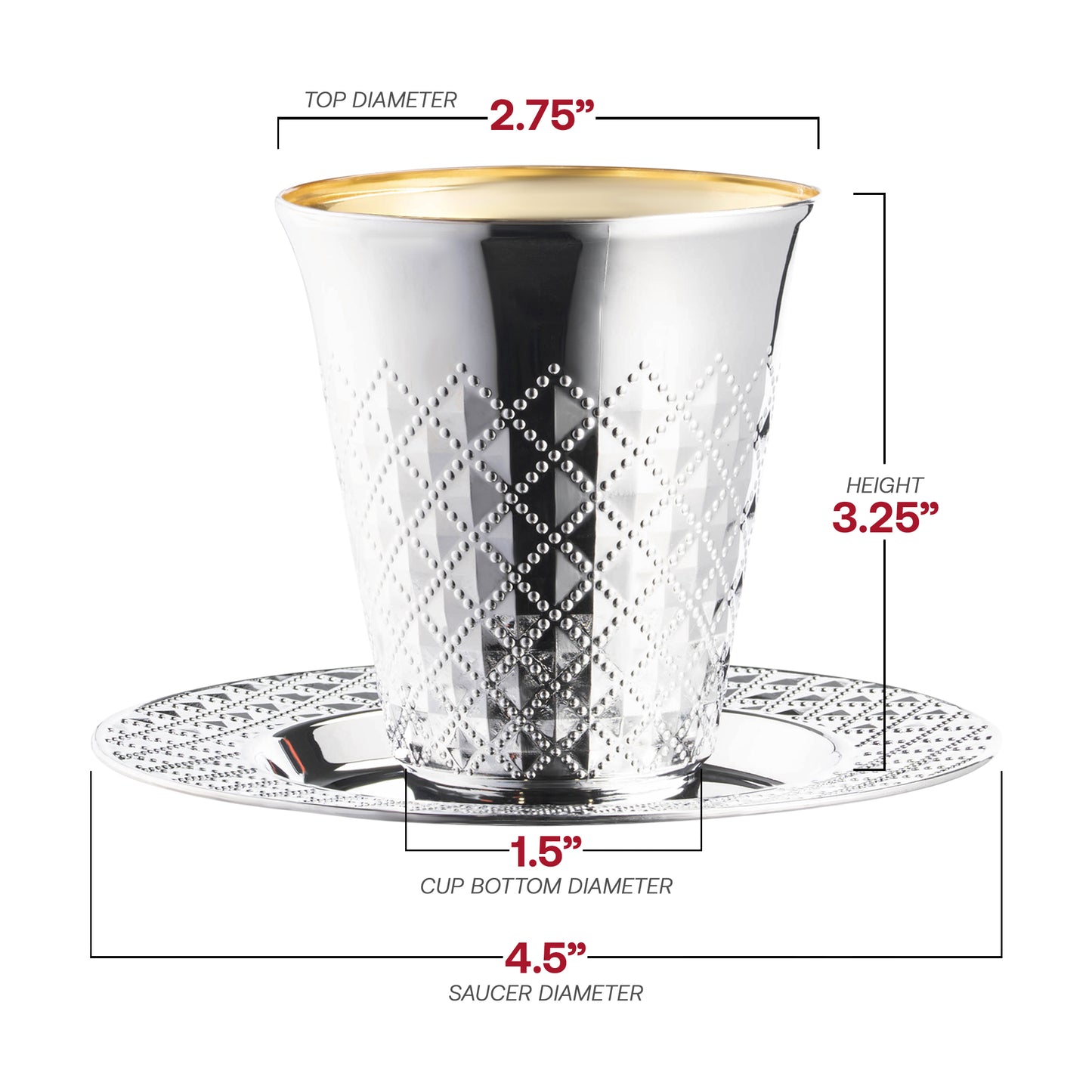 Shiny Metallic Aluminum Silver Round Plastic Saucers and Kiddush Cup Value Set | The Kaya Collection