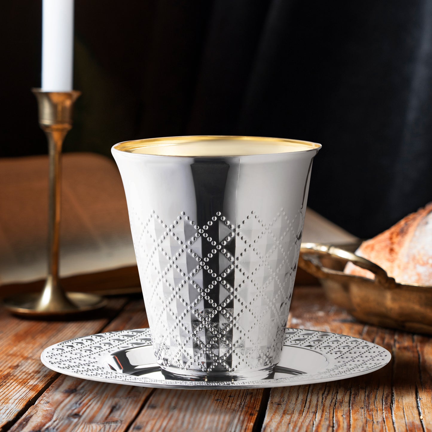 Shiny Aluminum Silver Round Plastic Saucers and Kiddush Cup Value Set