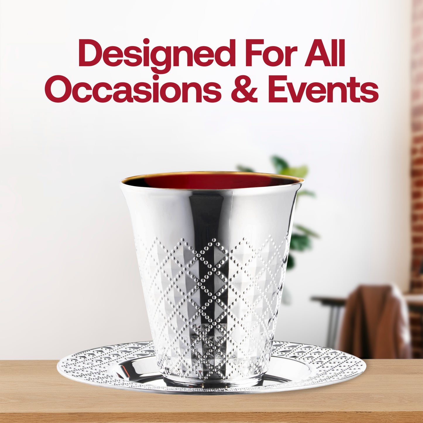 Shiny Metallic Aluminum Silver Round Plastic Saucers and Kiddush Cup Value Set | The Kaya Collection