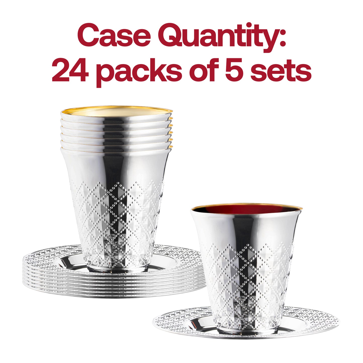 Shiny Metallic Aluminum Silver Round Plastic Saucers and Kiddush Cup Value Set | The Kaya Collection