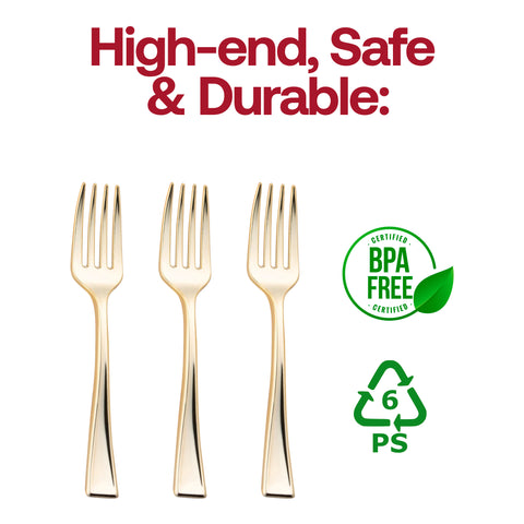 Shiny Metallic Gold Mini Plastic Disposable Tasting Forks BPA | The Kaya Collection