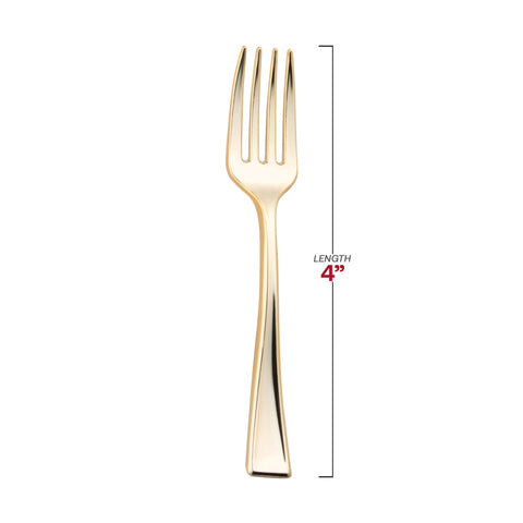 Shiny Metallic Gold Mini Plastic Disposable Tasting Forks Dimension | The Kaya Collection