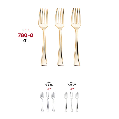 Shiny Metallic Gold Mini Plastic Disposable Tasting Forks SKU | The Kaya Collection