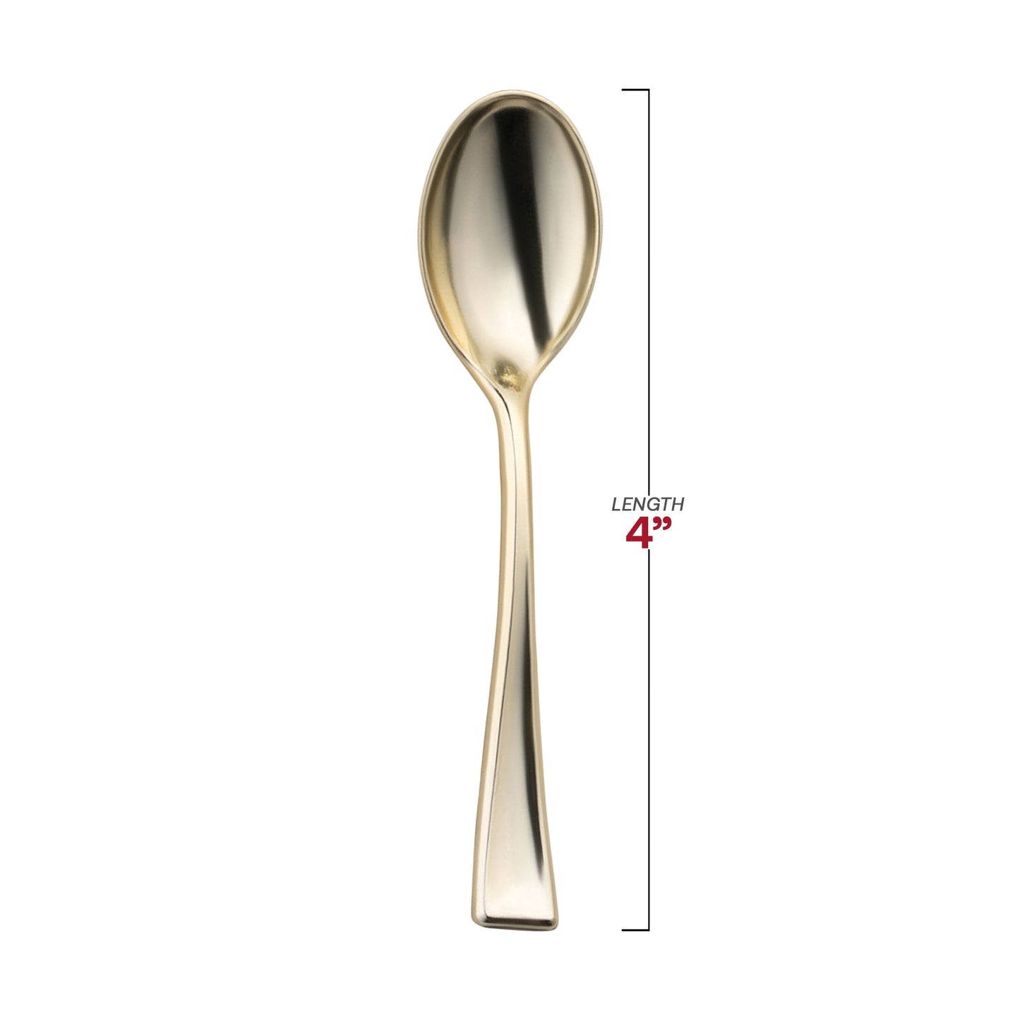 Shiny Metallic Gold Mini Plastic Disposable Tasting Spoons Dimension | The Kaya Collection