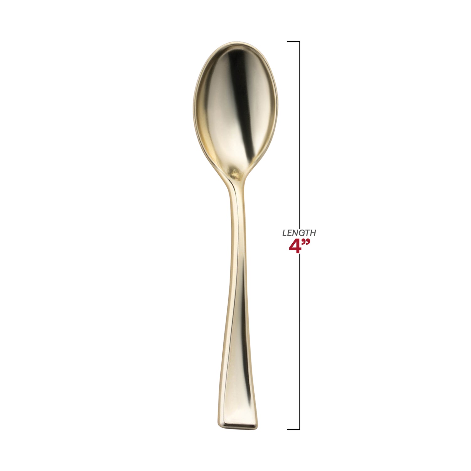 Shiny Metallic Gold Mini Plastic Disposable Tasting Spoons Dimension | The Kaya Collection