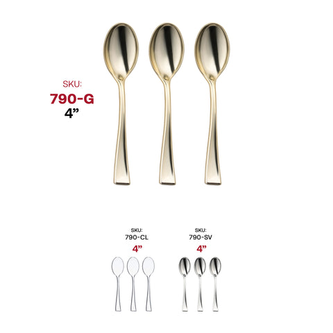 Shiny Metallic Gold Mini Plastic Disposable Tasting Spoons SKU | The Kaya Collection