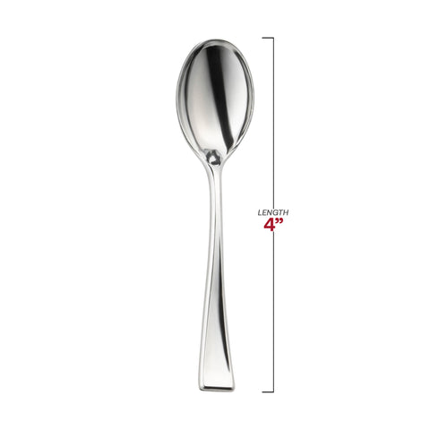 Shiny Metallic Silver Mini Plastic Disposable Tasting Spoons Dimension | The Kaya Collection