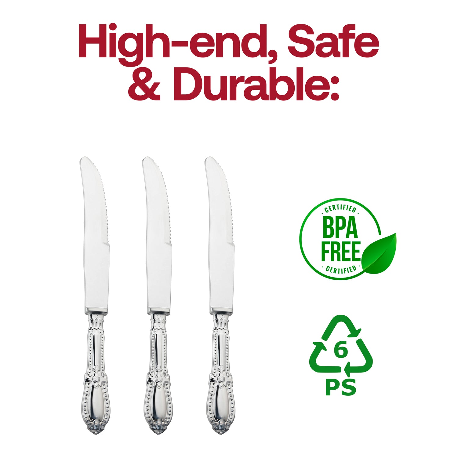 Silver Baroque Disposable Plastic Dinner Knives BPA | The Kaya Collection