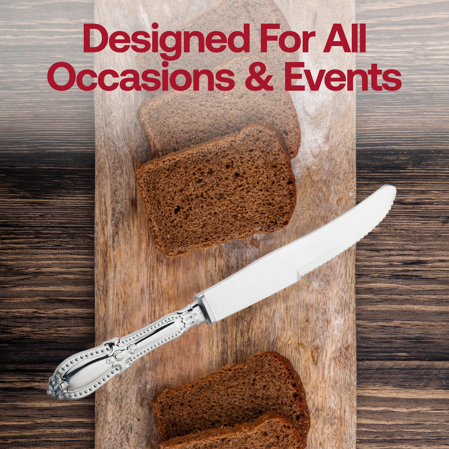 Silver Baroque Disposable Plastic Dinner Knives Lifestyle | The Kaya Collection