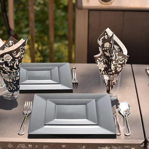 Silver Square Disposable Plastic Dinner Plates (9.5