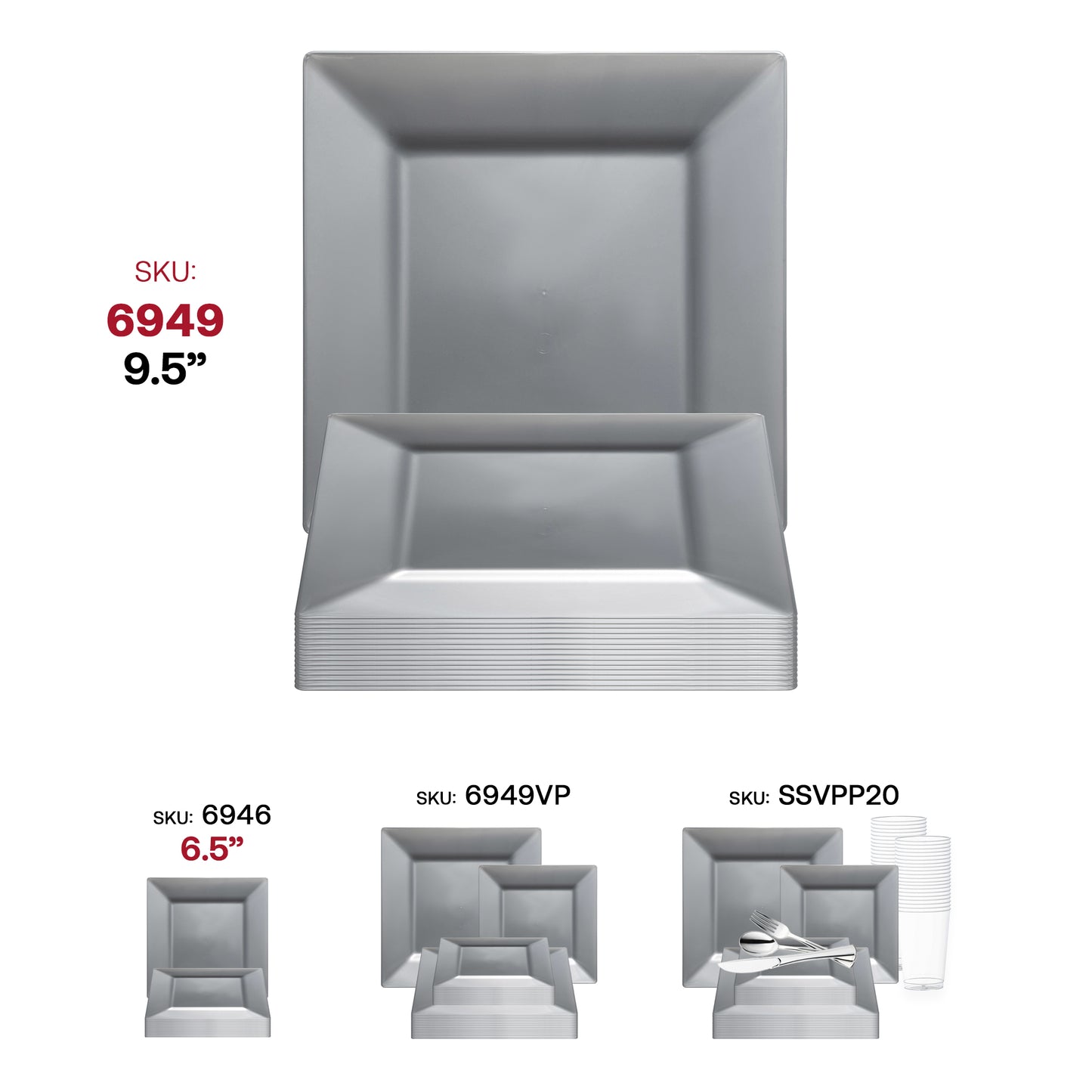 Silver Square Disposable Plastic Dinner Plates (9.5")