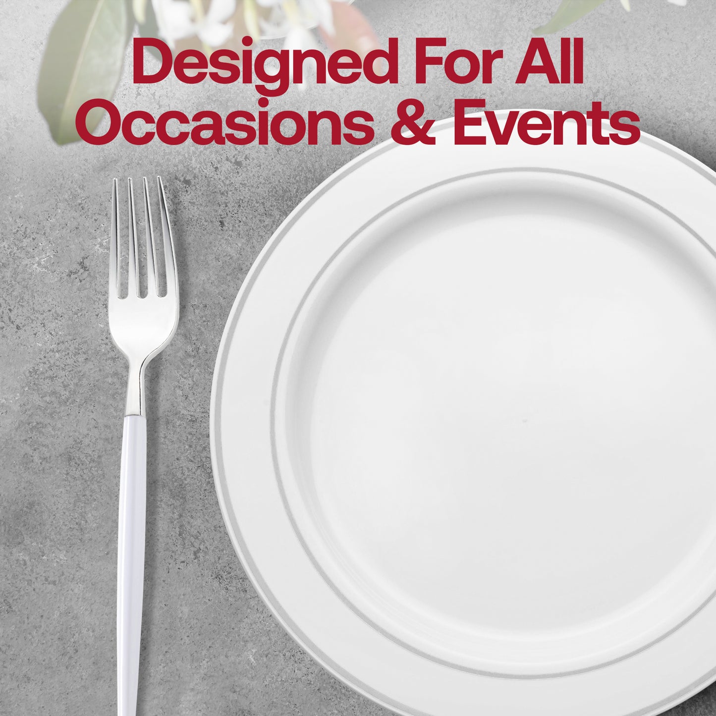 Silver with White Handle Moderno Disposable Plastic Dinner Forks Lifestyle | The Kaya Collection