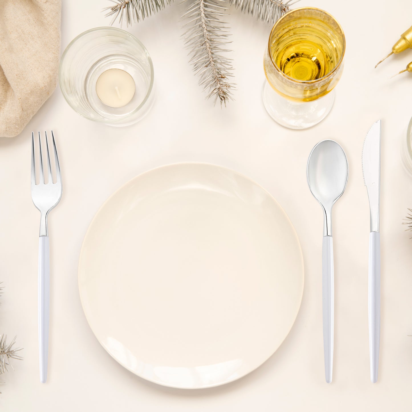 Shiny Silver with White Handle Moderno Disposable Plastic Dinner Knives