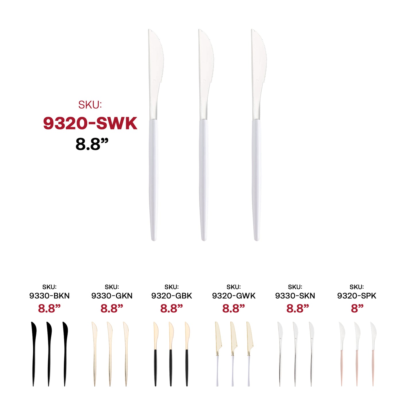 Silver with White Handle Moderno Disposable Plastic Dinner Knives SKU | The Kaya Collection