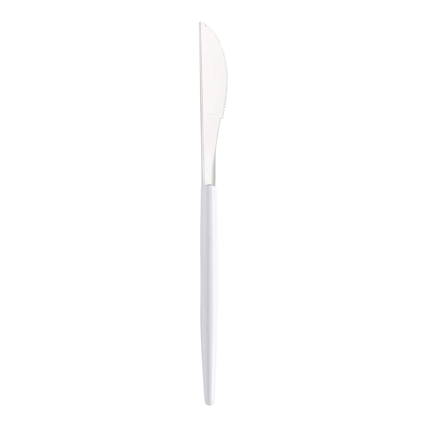 Silver with White Handle Moderno Disposable Plastic Dinner Knives Main | The Kaya Collection