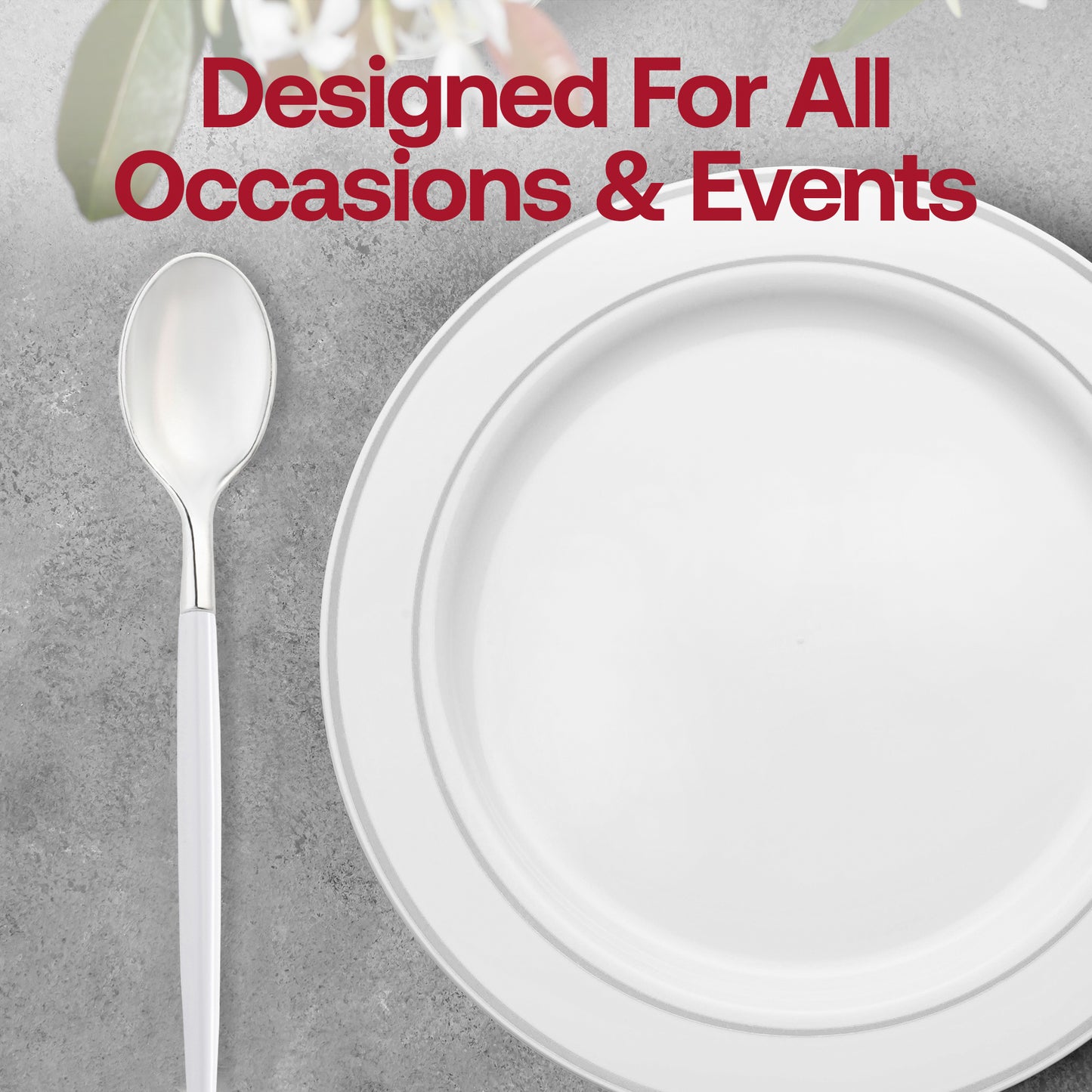 Silver with White Handle Moderno Disposable Plastic Dinner Spoons Lifestyle | The Kaya Collection