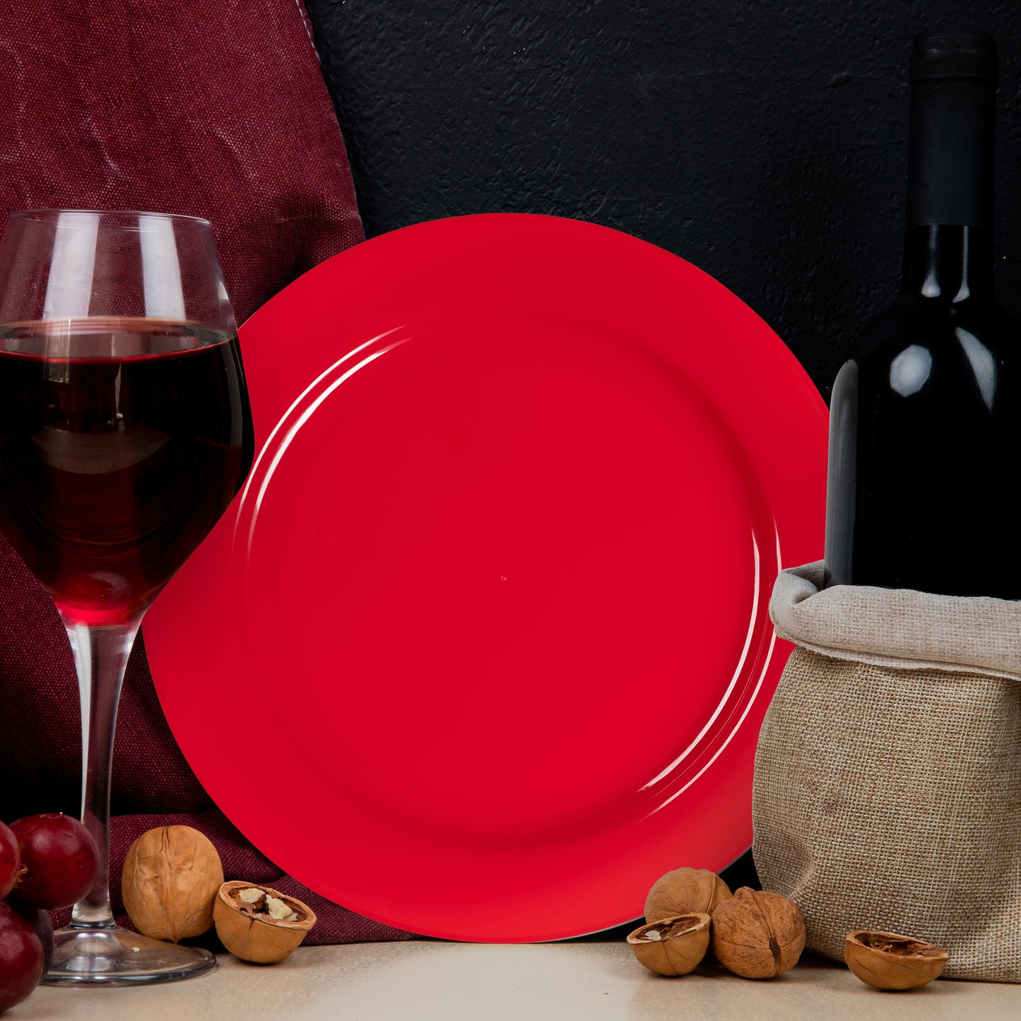 Solid Red Holiday Round Plastic Disposable Dinner Plates (10.25")