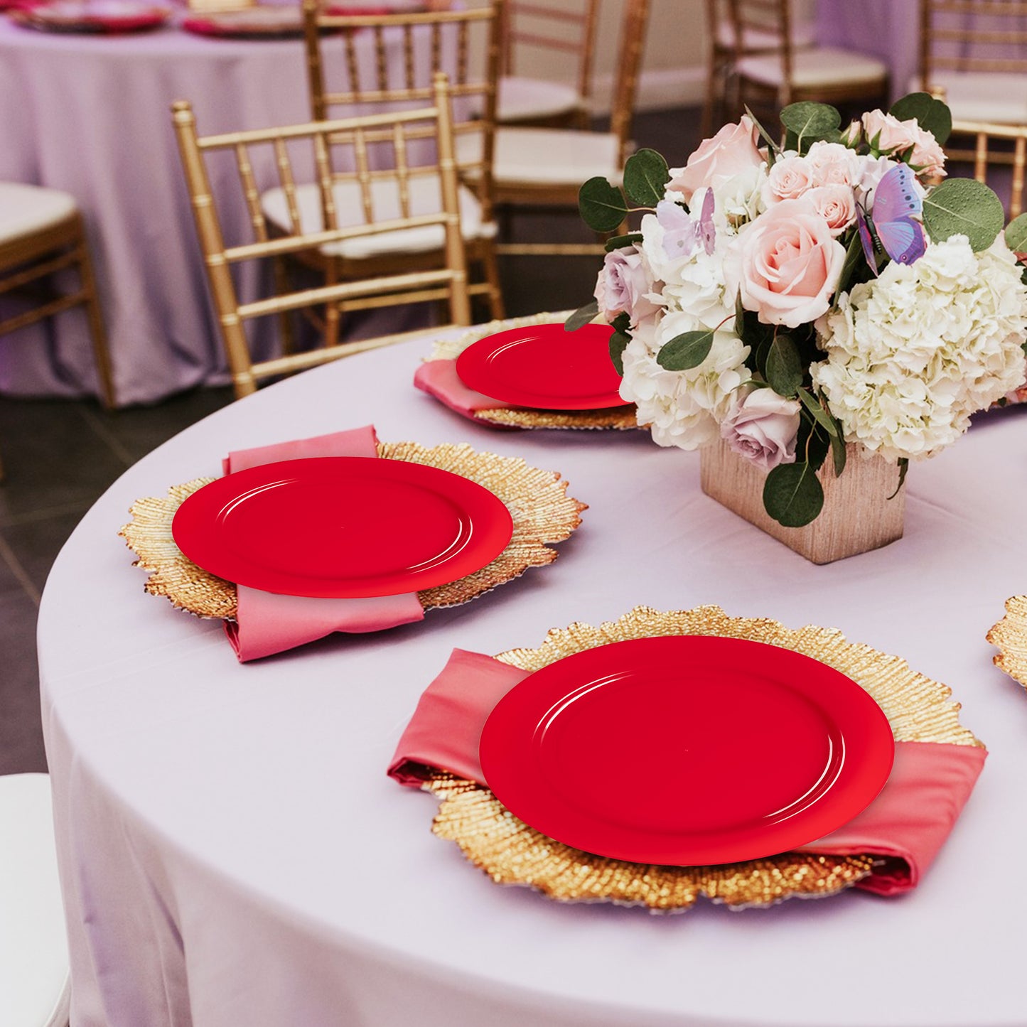 Solid Red Holiday Round Plastic Disposable Dinner Plates (10.25")