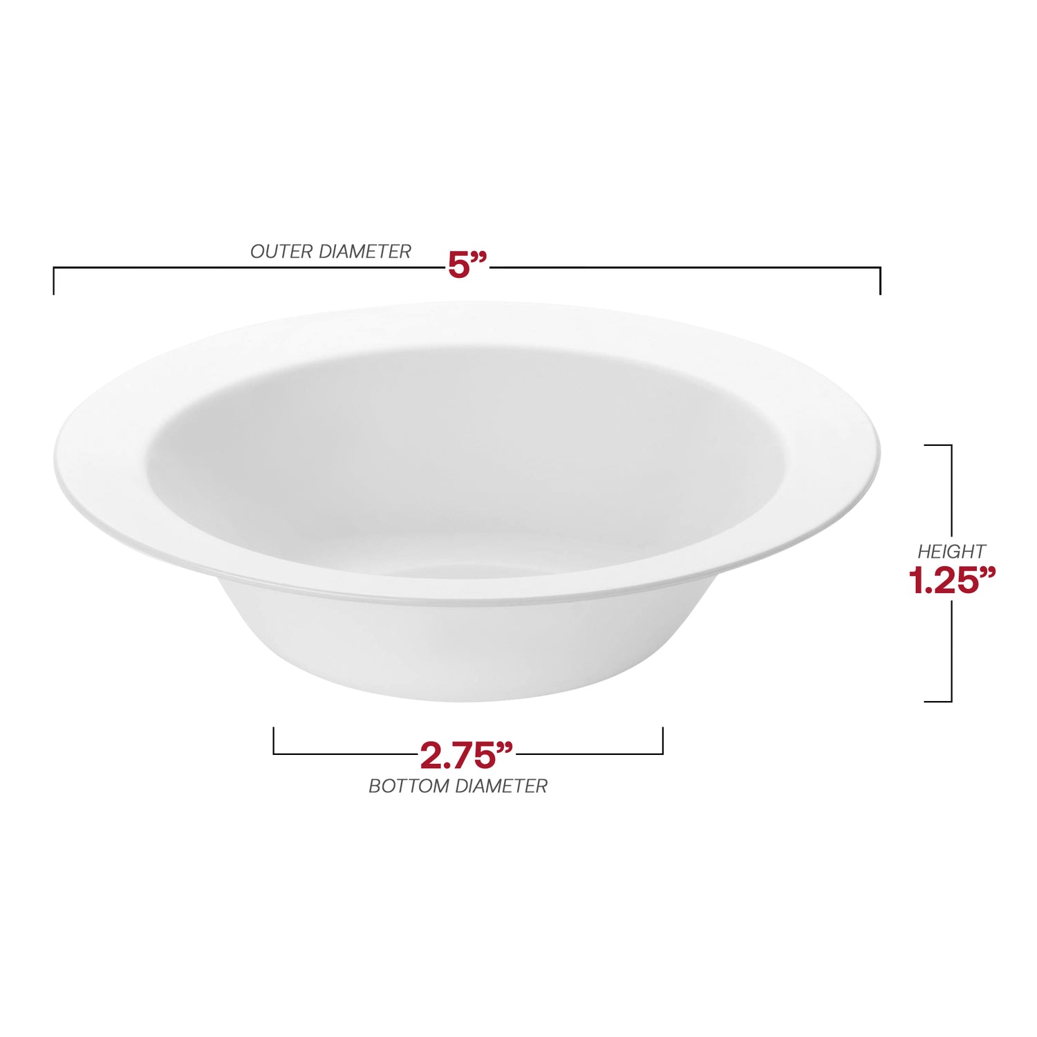 Solid White Edge Rim Round Disposable Plastic Dessert Bowls (5 oz.) Dimension | The Kaya Collection