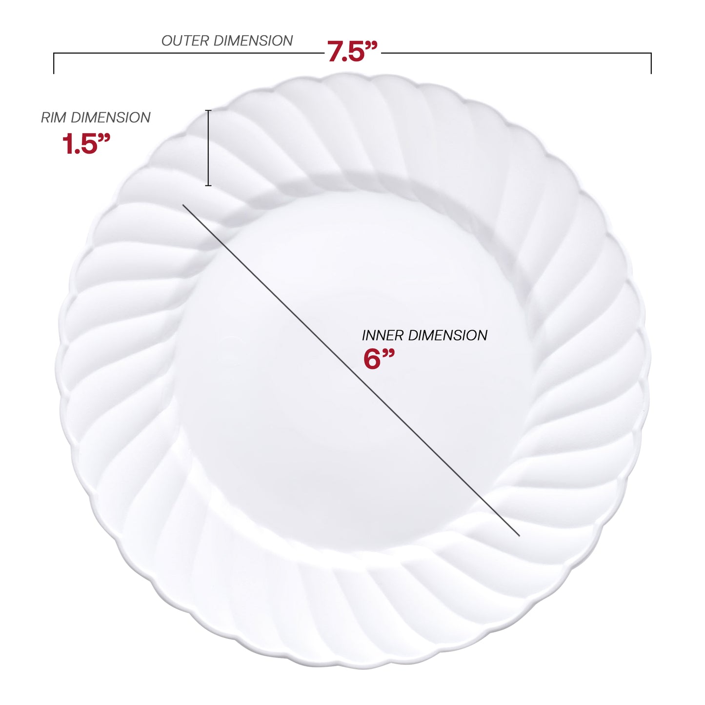 White Flair Plastic Appetizer/Salad Plates (7.5") Dimension | The Kaya Collection