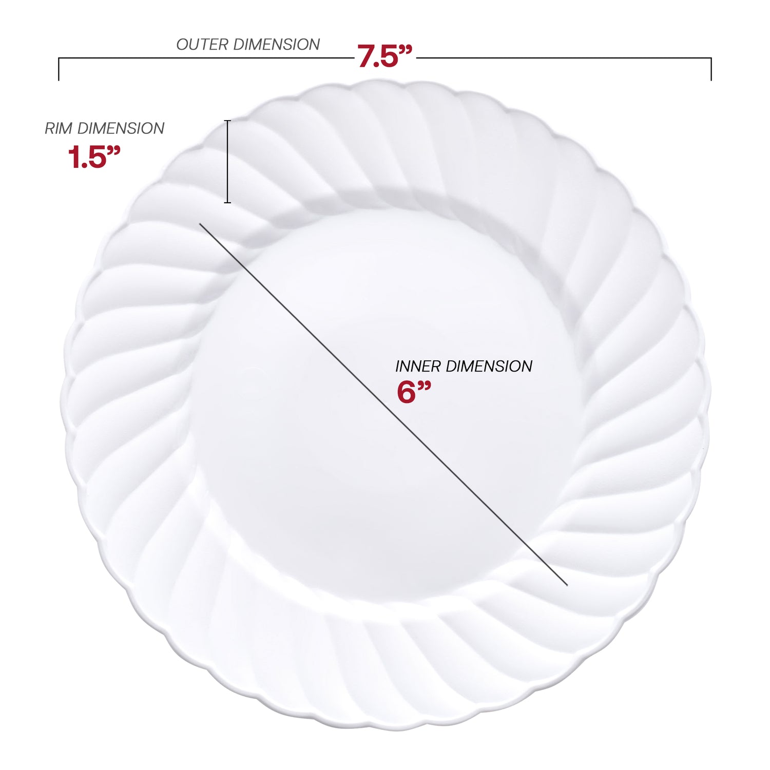 White Flair Plastic Appetizer/Salad Plates (7.5") Dimension | The Kaya Collection