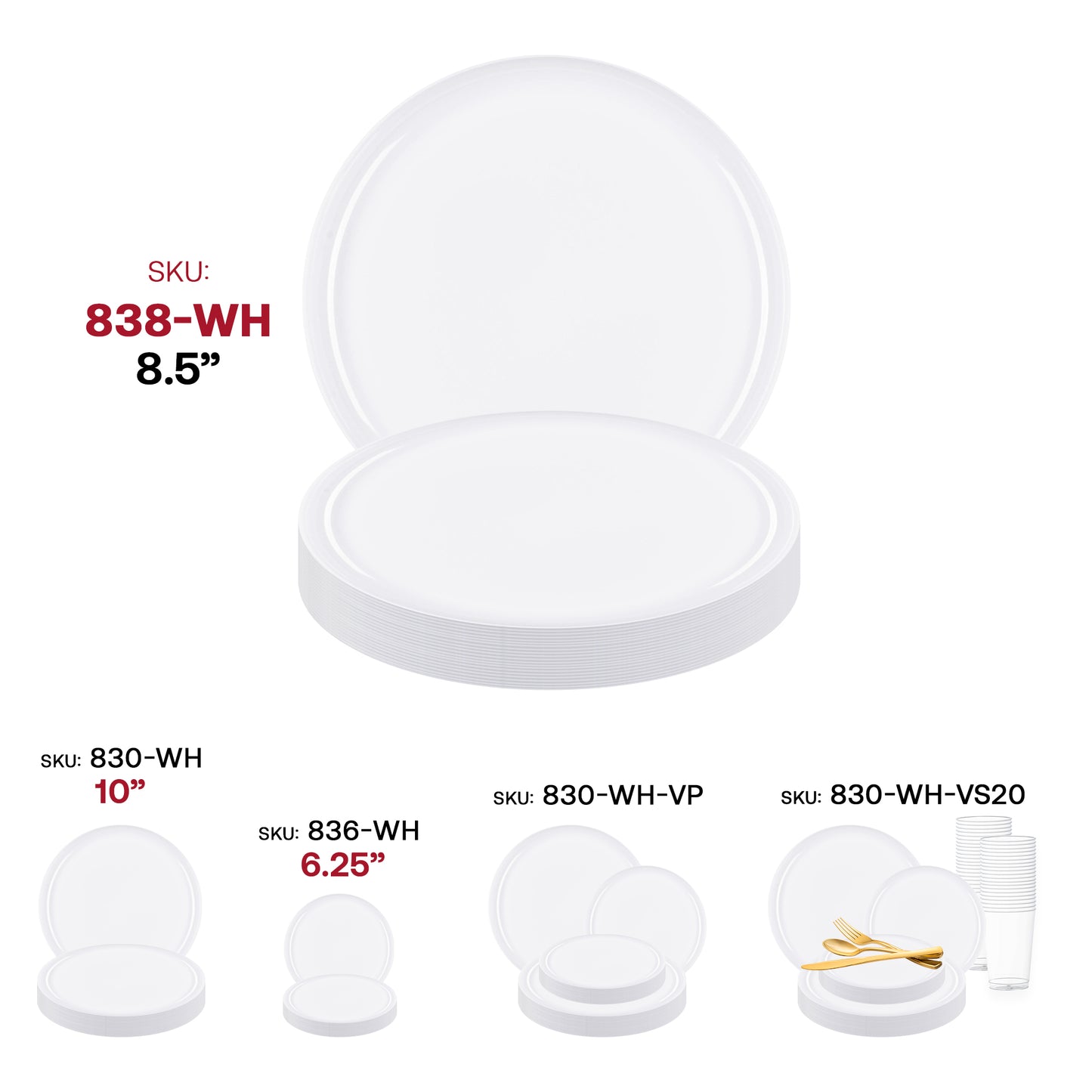 White Flat Round Disposable Plastic Appetizer/Salad Plates (8.5") SKU | The Kaya Collection