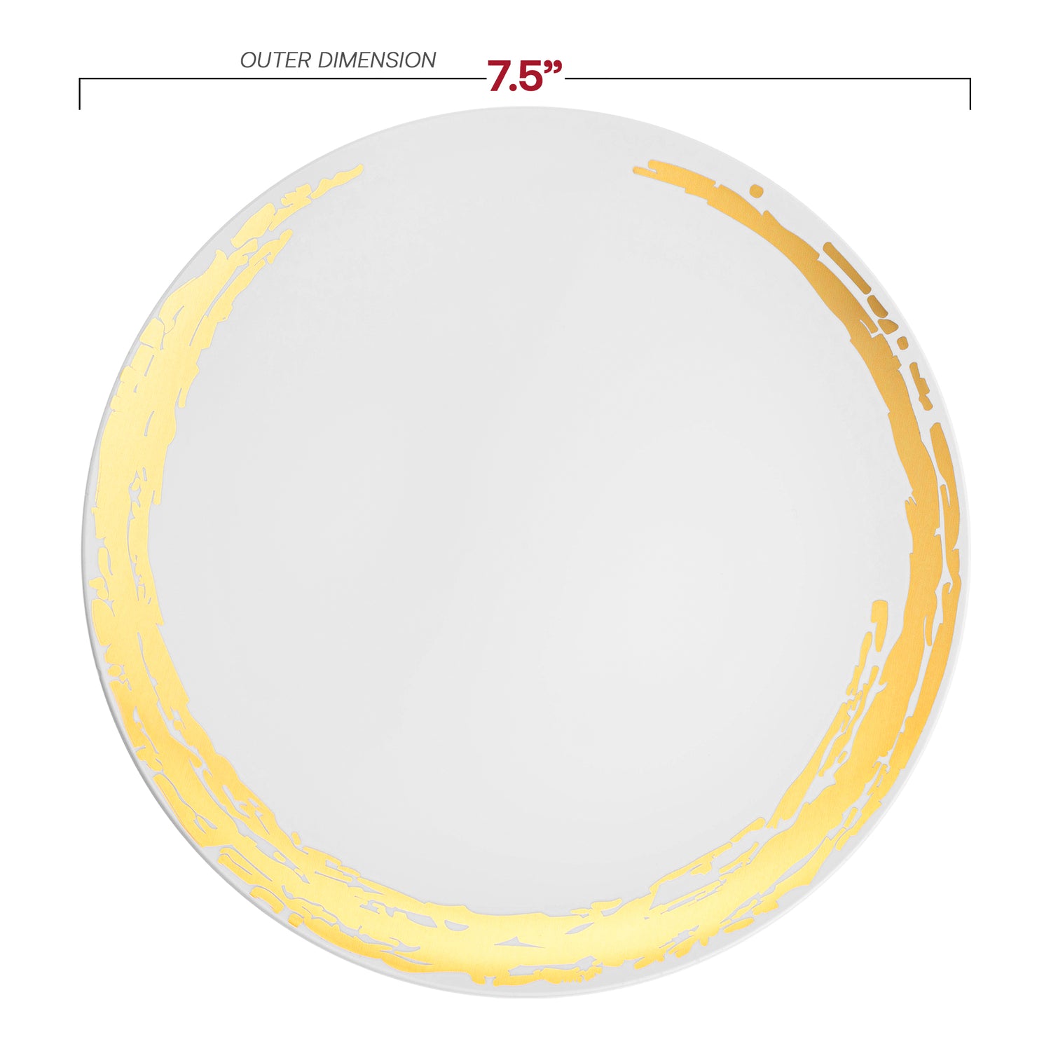 White with Gold Moonlight Round Disposable Plastic Appetizer/Salad Plates (7.5") Dimension | The Kaya Collection