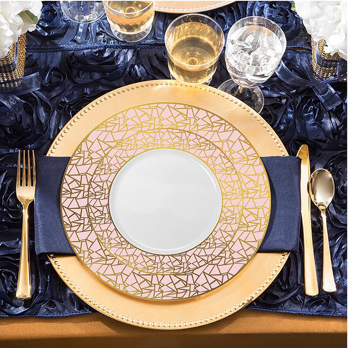 White with Pink and Gold Mosaic Rim Round Disposable Plastic Dinner Plates (10.25")