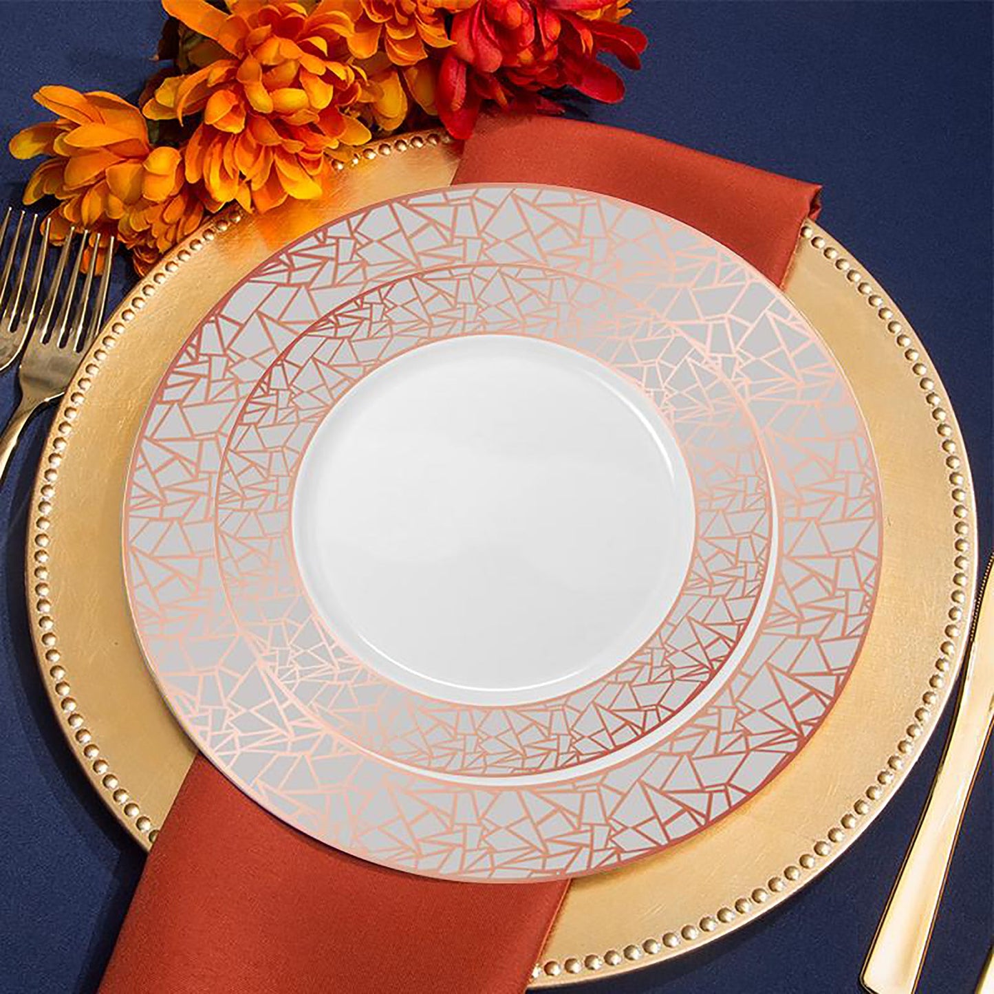 White with Silver and Rose Gold Mosaic Rim Round Plastic Salad Plates (7.5")
