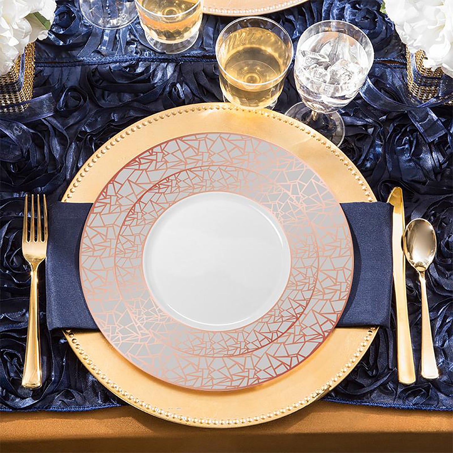 White with Silver and Rose Gold Mosaic Rim Round Plastic Salad Plates (7.5")