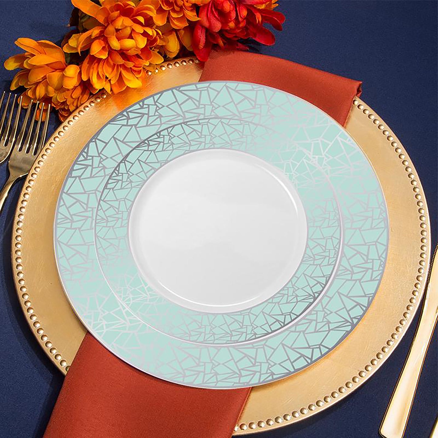 White with Turquoise Blue and Silver Mosaic Rim Round Plastic Salad Plates (7.5")