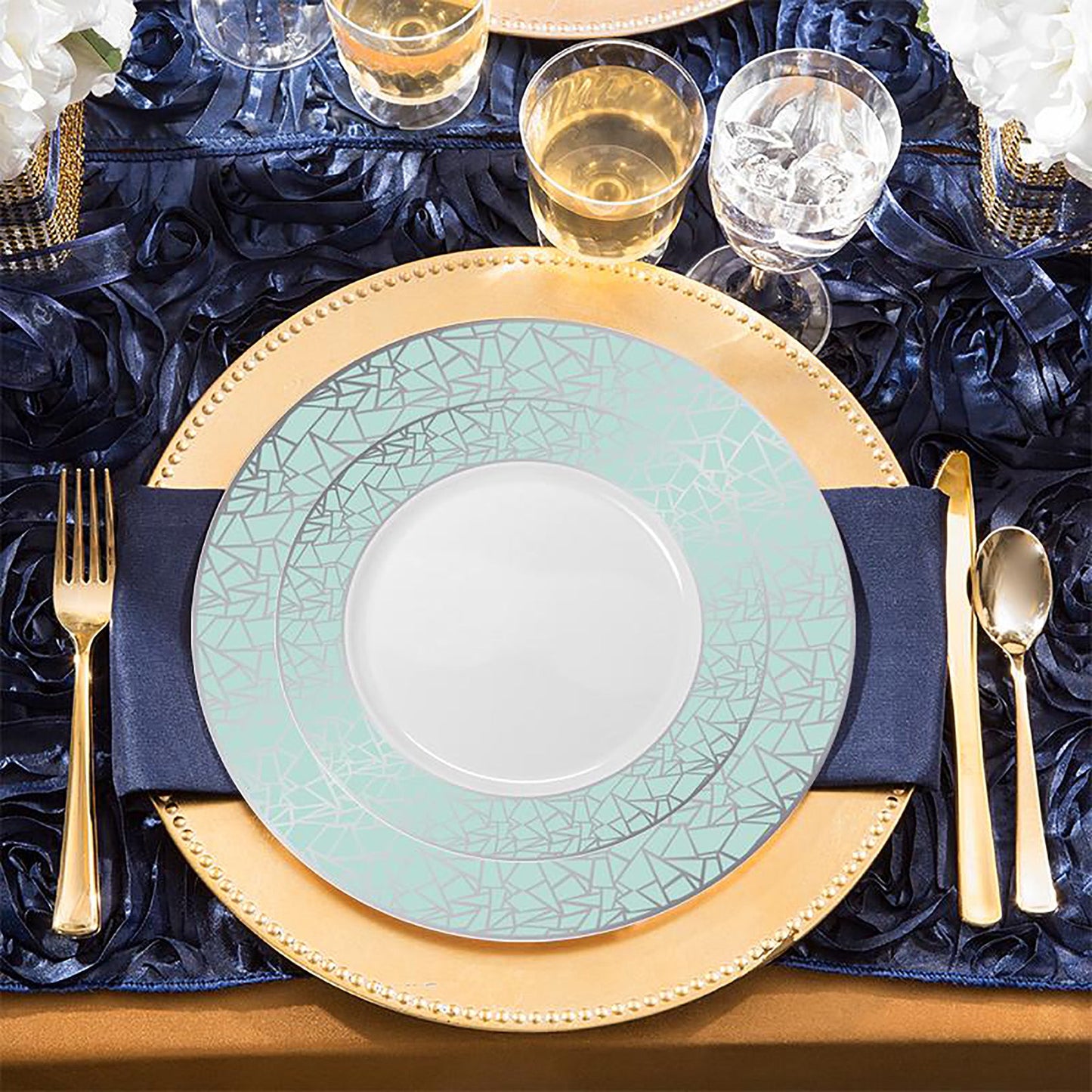 White with Turquoise Blue and Silver Mosaic Rim Round Plastic Salad Plates (7.5")