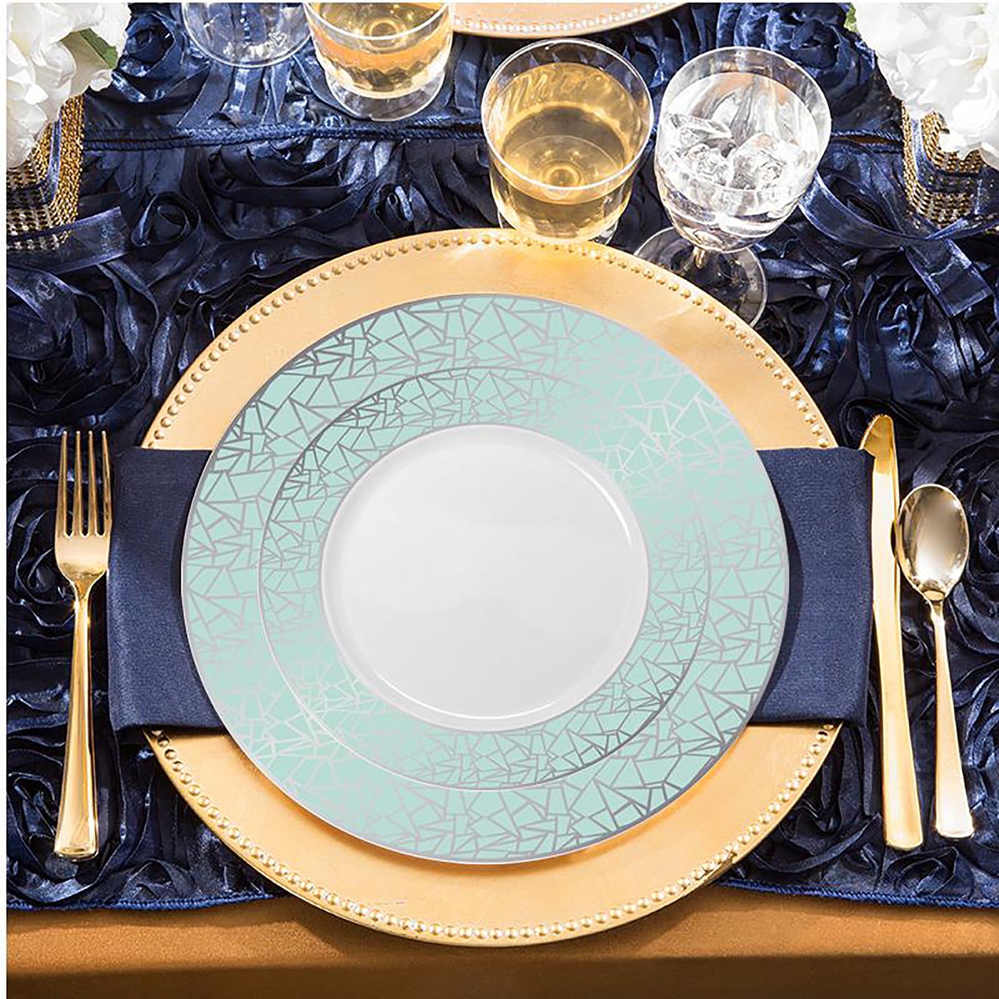 White with Turquoise Blue and Silver Mosaic Rim Round Disposable Plastic Dinner Plates (10.25")