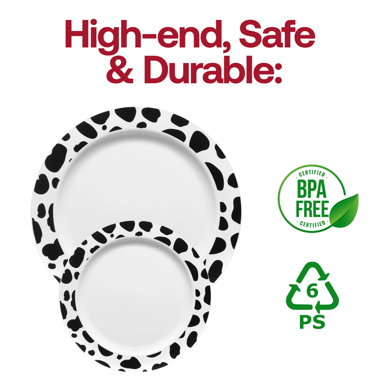 White with Black Dalmatian Spots Round Disposable Plastic Dinner Plates (10.25") BPA | The Kaya Collection