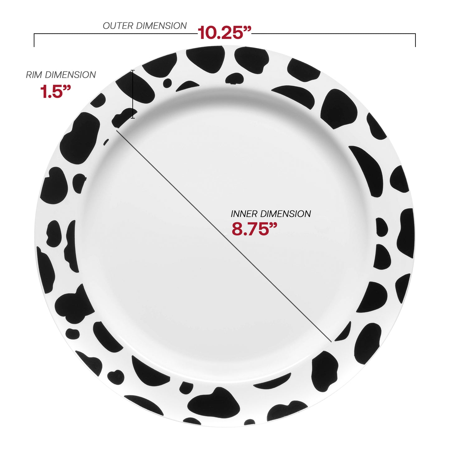 White with Black Dalmatian Spots Round Disposable Plastic Dinner Plates (10.25") Dimension | The Kaya Collection