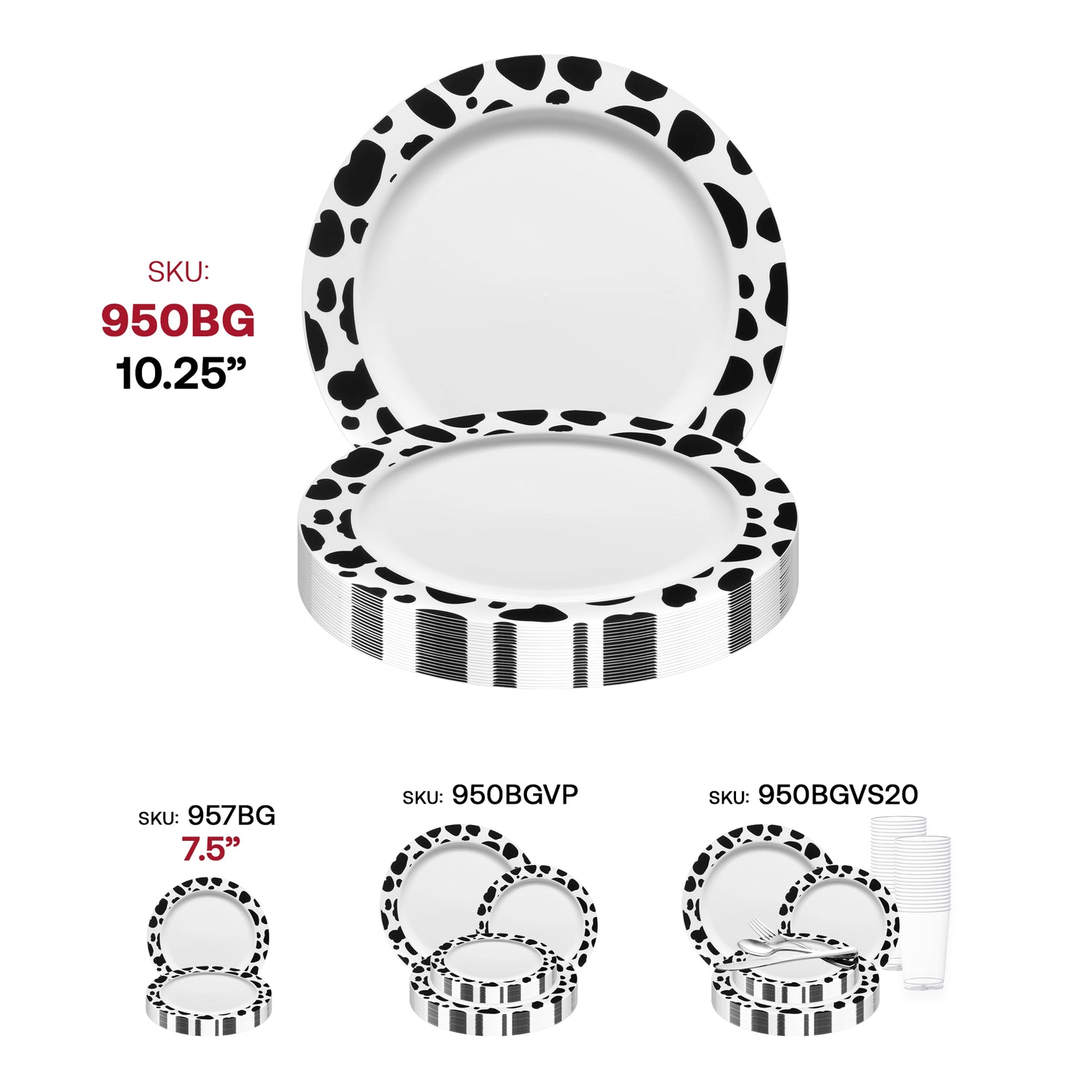 White with Black Dalmatian Spots Round Disposable Plastic Dinner Plates (10.25") SKU | The Kaya Collection