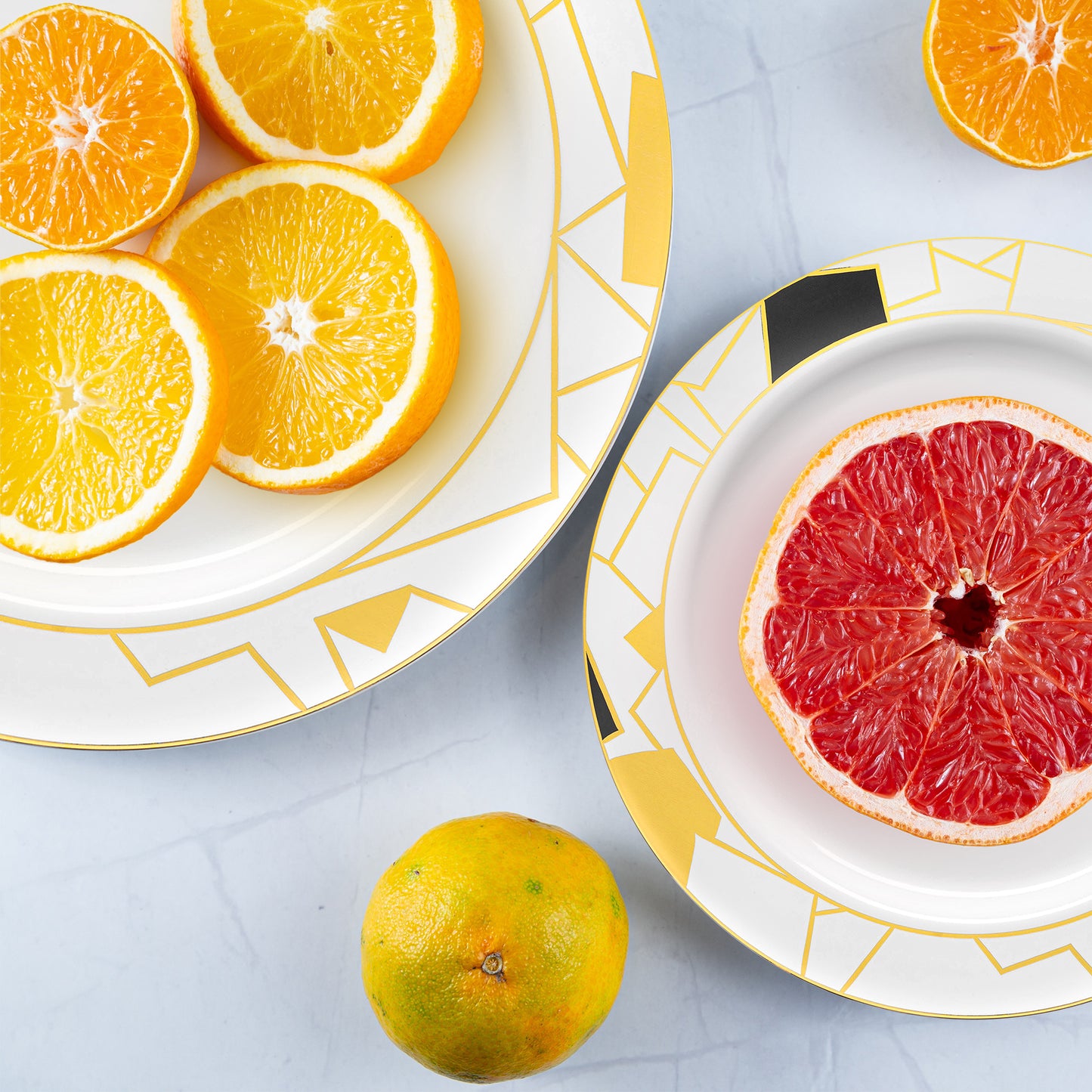 White with Black and Gold Abstract Squares Pattern Round Plastic Dinner Plates (10.25")