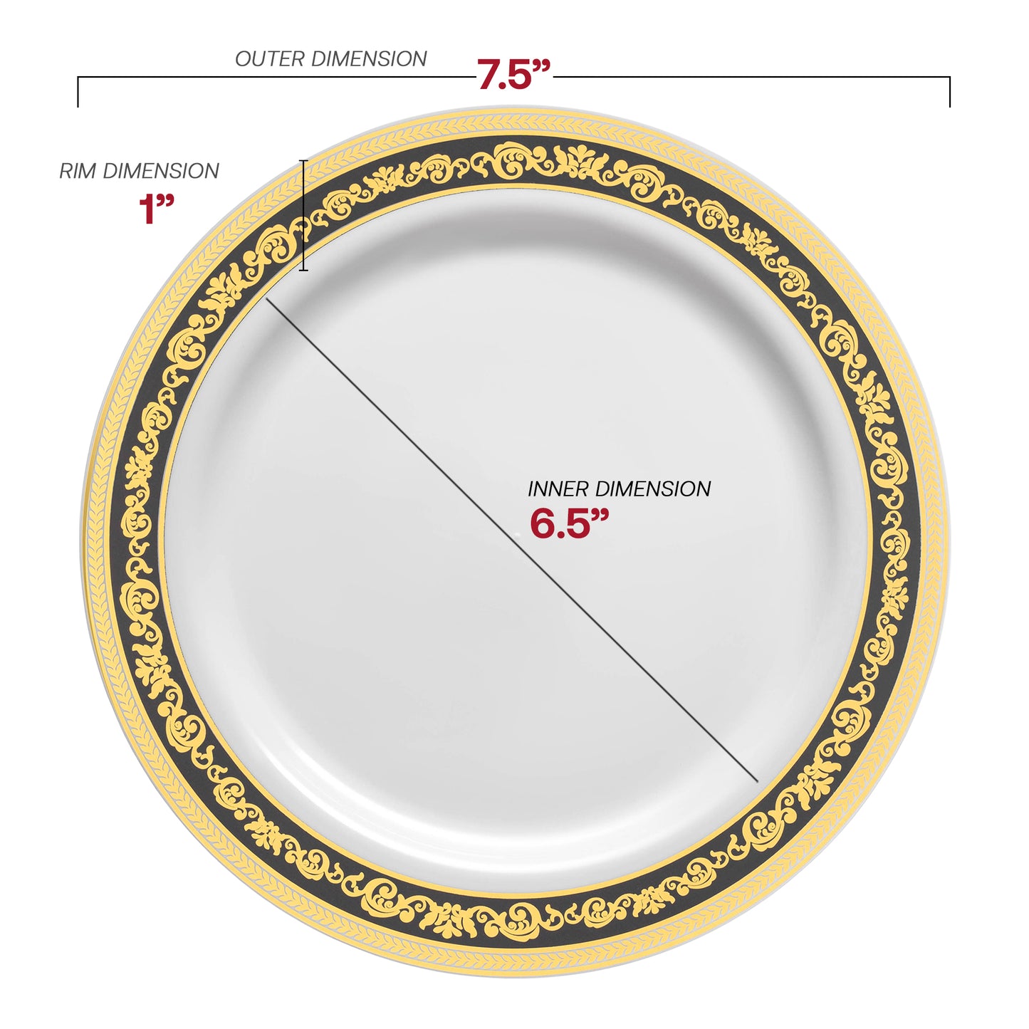 White with Black and Gold Royal Rim Plastic Salad Plates (7.5") Dimension | The Kaya Collection