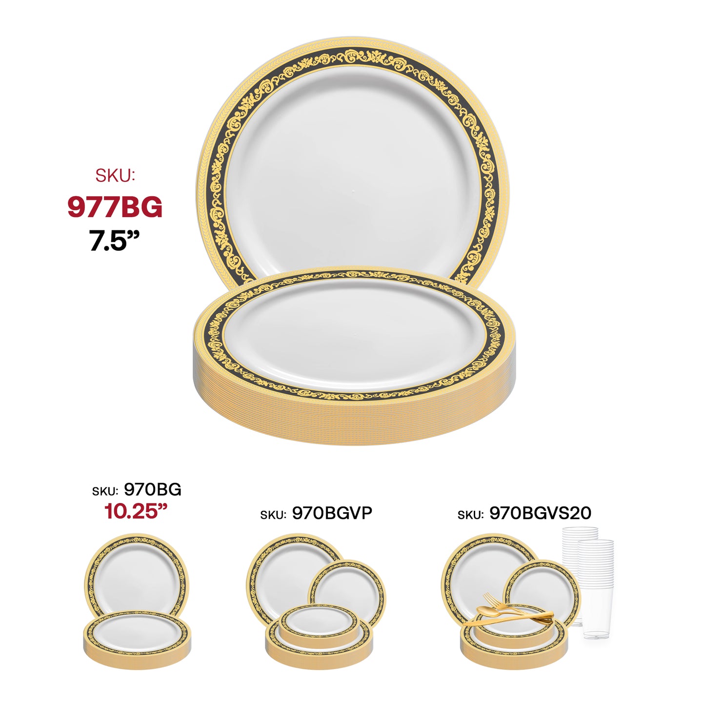 White with Black and Gold Royal Rim Plastic Salad Plates (7.5") SKU | The Kaya Collection