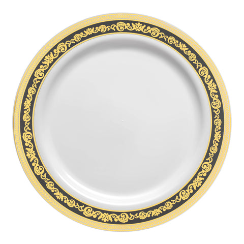 White with Black and Gold Royal Rim Plastic Salad Plates (7.5