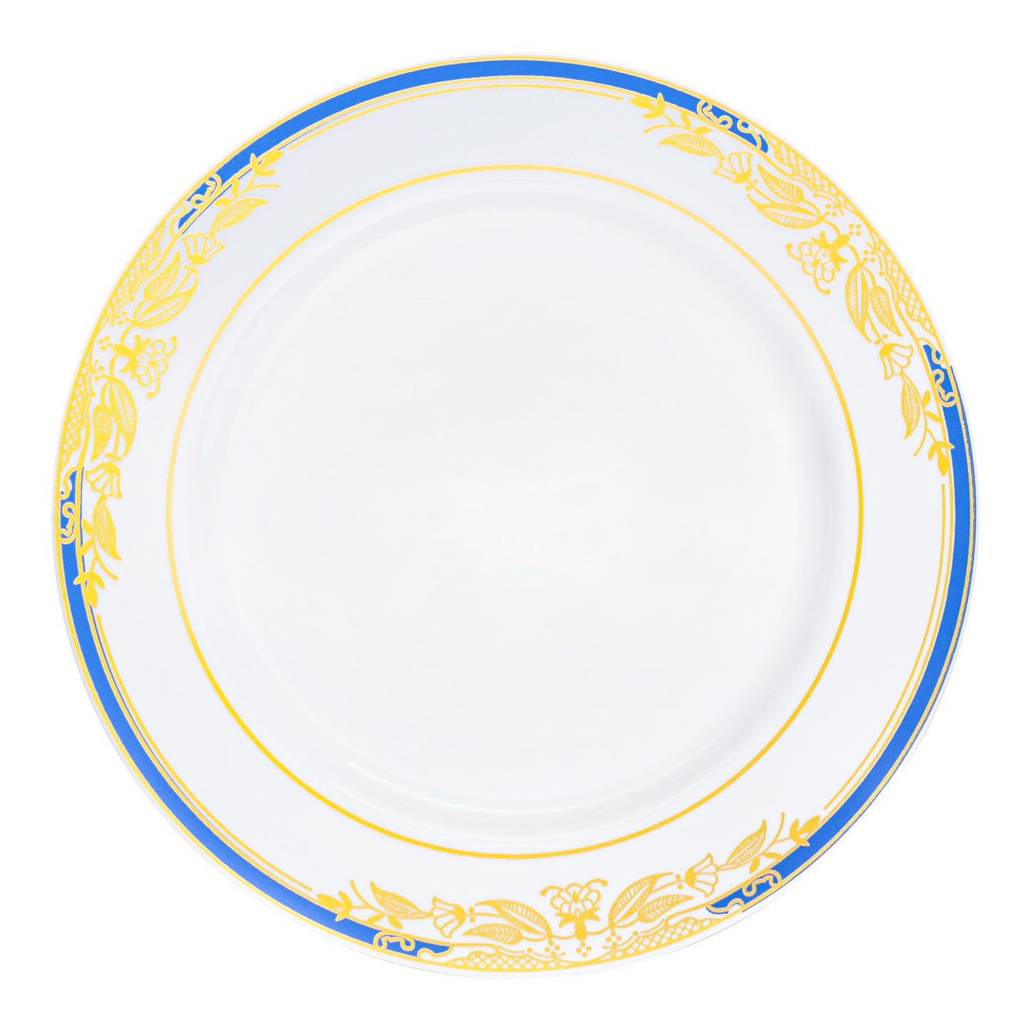 White with Blue and Gold Harmony Rim Plastic Appetizer/Salad Plates (7.5") | The Kaya Collection