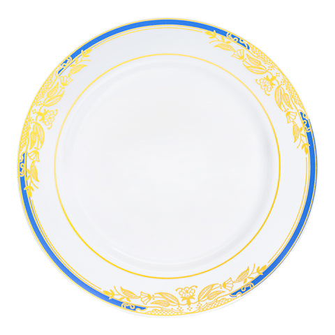 White with Blue and Gold Harmony Rim Plastic Appetizer/Salad Plates (7.5