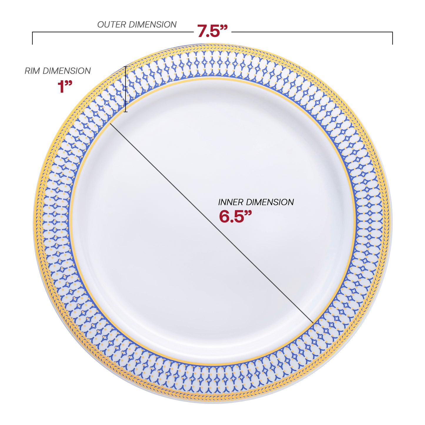 White with Blue and Gold Chord Rim Plastic Appetizer/Salad Plates (7.5") Dimension | The Kaya Collection