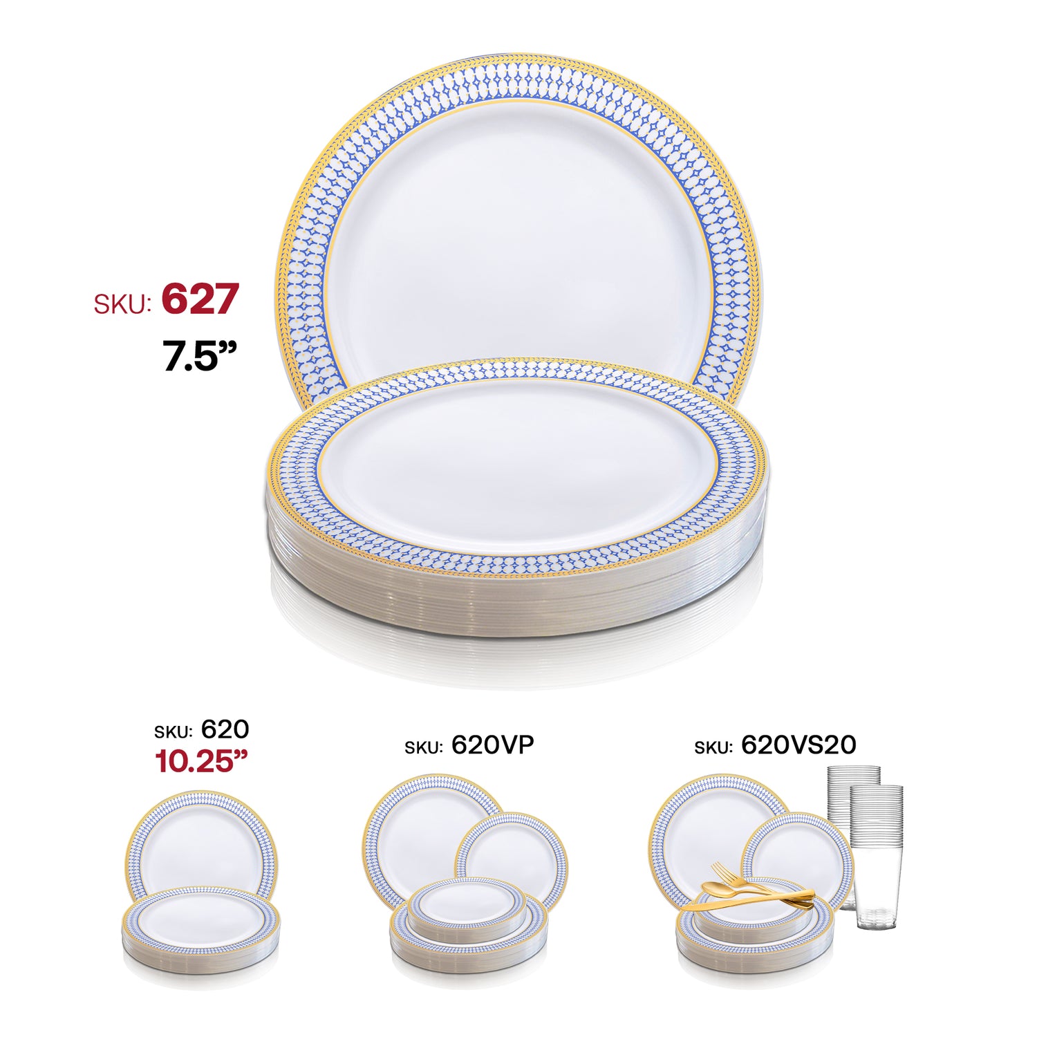 White with Blue and Gold Chord Rim Plastic Appetizer/Salad Plates (7.5") SKU | The Kaya Collection