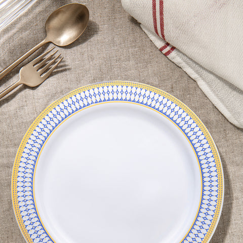 White with Blue and Gold Chord Rim Disposable Plastic Dinner Plates (10.25