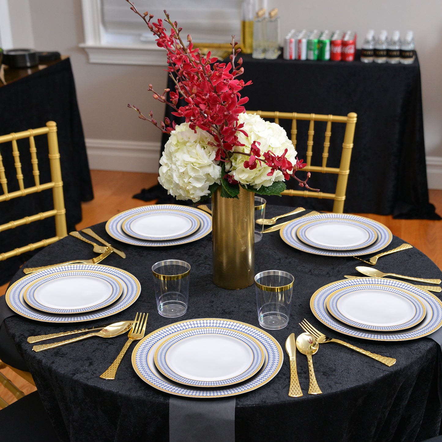 White with Blue and Gold Chord Rim Disposable Plastic Dinner Plates (10.25")