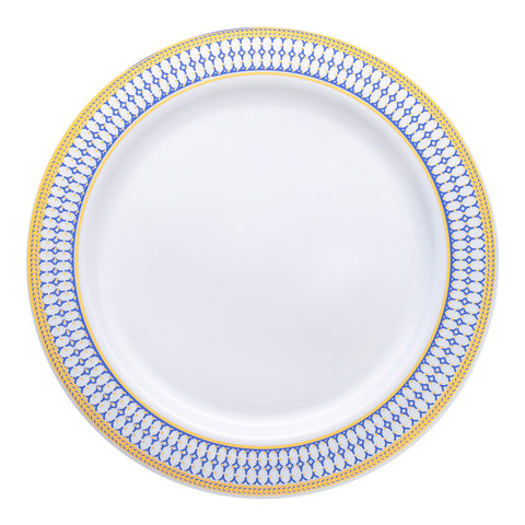 White with Blue and Gold Chord Rim Plastic Dinner Plates (10.25