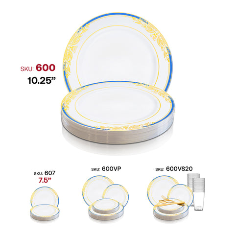 White with Blue and Gold Harmony Rim Plastic Dinner Plates (10.25
