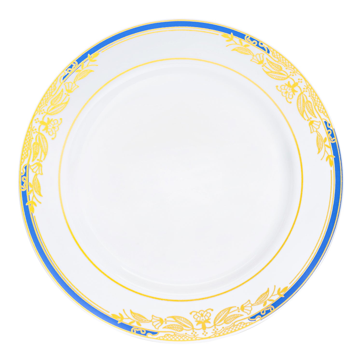 White with Blue and Gold Harmony Rim Plastic Dinner Plates (10.25") | The Kaya Collection