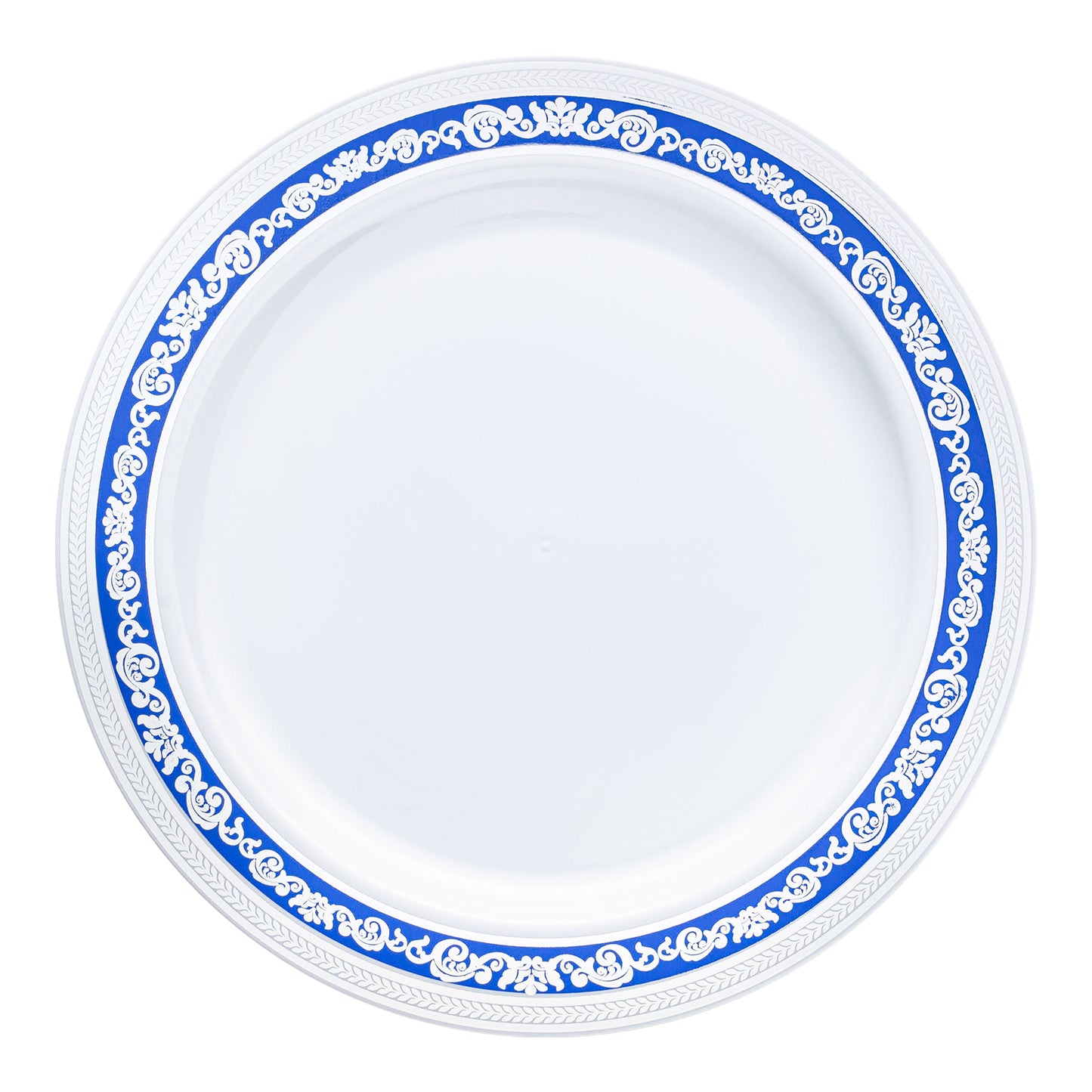 White with Blue and Silver Royal Rim Plastic Dinner Plates (10.25") | The Kaya Collection